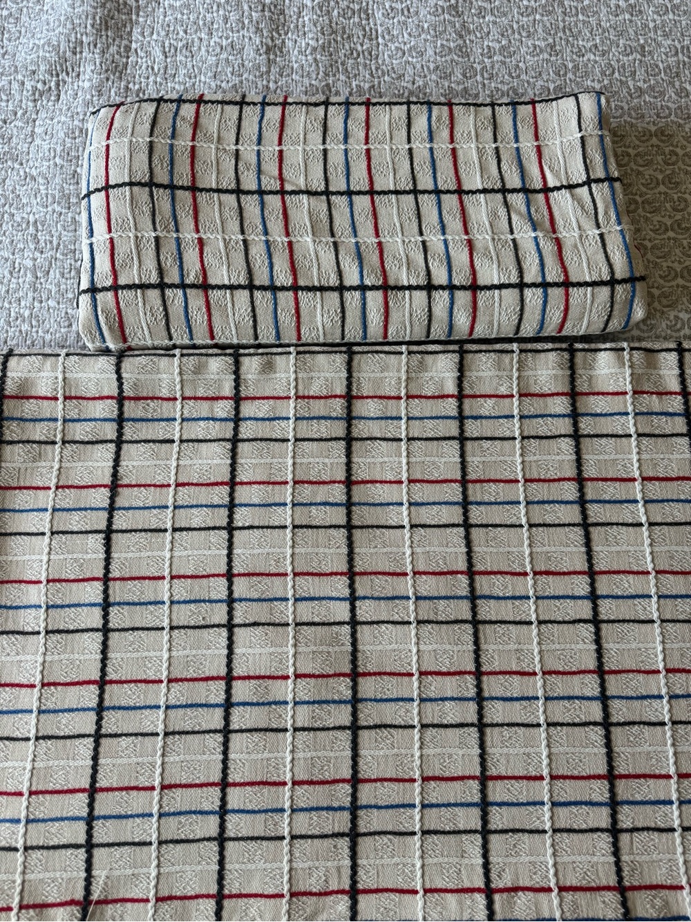 Cream Plaid Quilted Coverlet with Red, Navy, and Blue Stripes